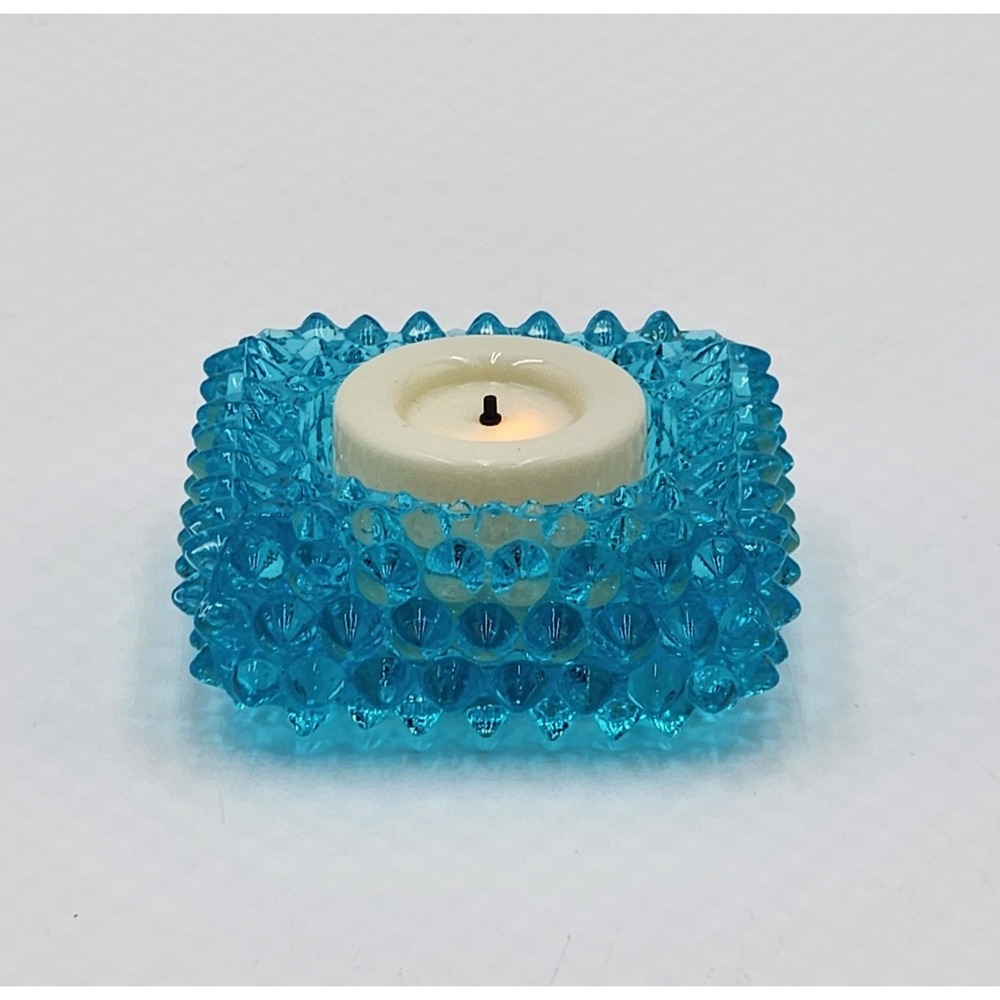 Vintage Fenton Blue Hobnail Glass Square Votive Candle Holder Teal Small 2.75"